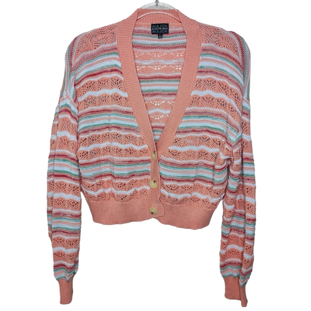 Major Label Group Crochet Knit Cropped Relaxed Cardigan Sweater Peach Striped